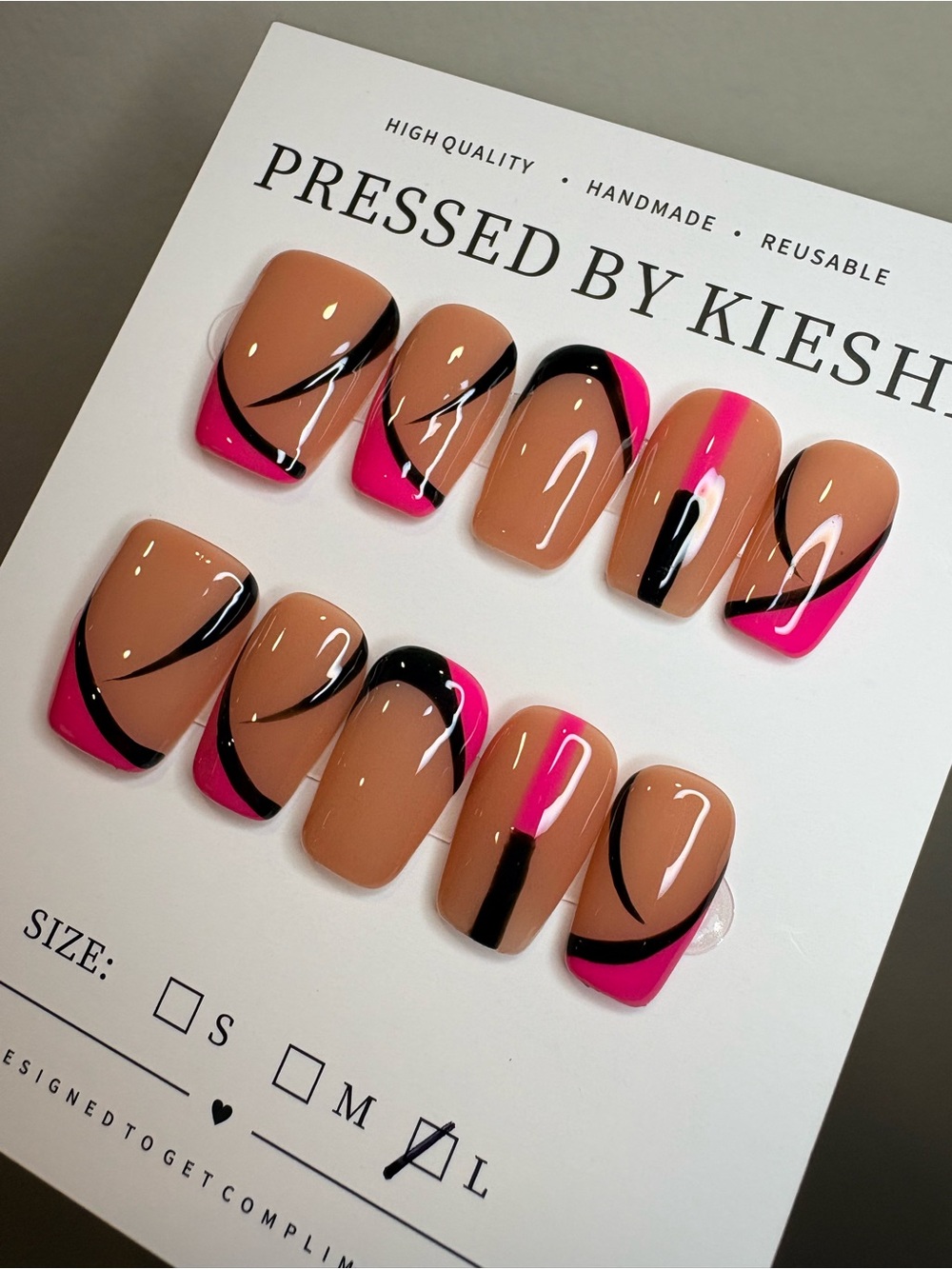 Nude & Hot Pink Press-On Nail Set with Black Swirls